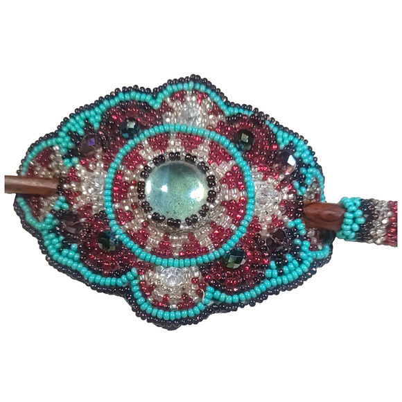 Southwestern Beaded Hair Barrette Leather Seed Bead Home Made Blue Red White main image 8